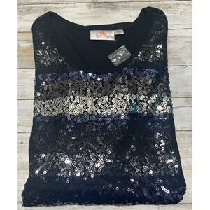Quaker Factory Womens 1X Black Sequin Striped 3/4 Sleeve Top Shirt NWT